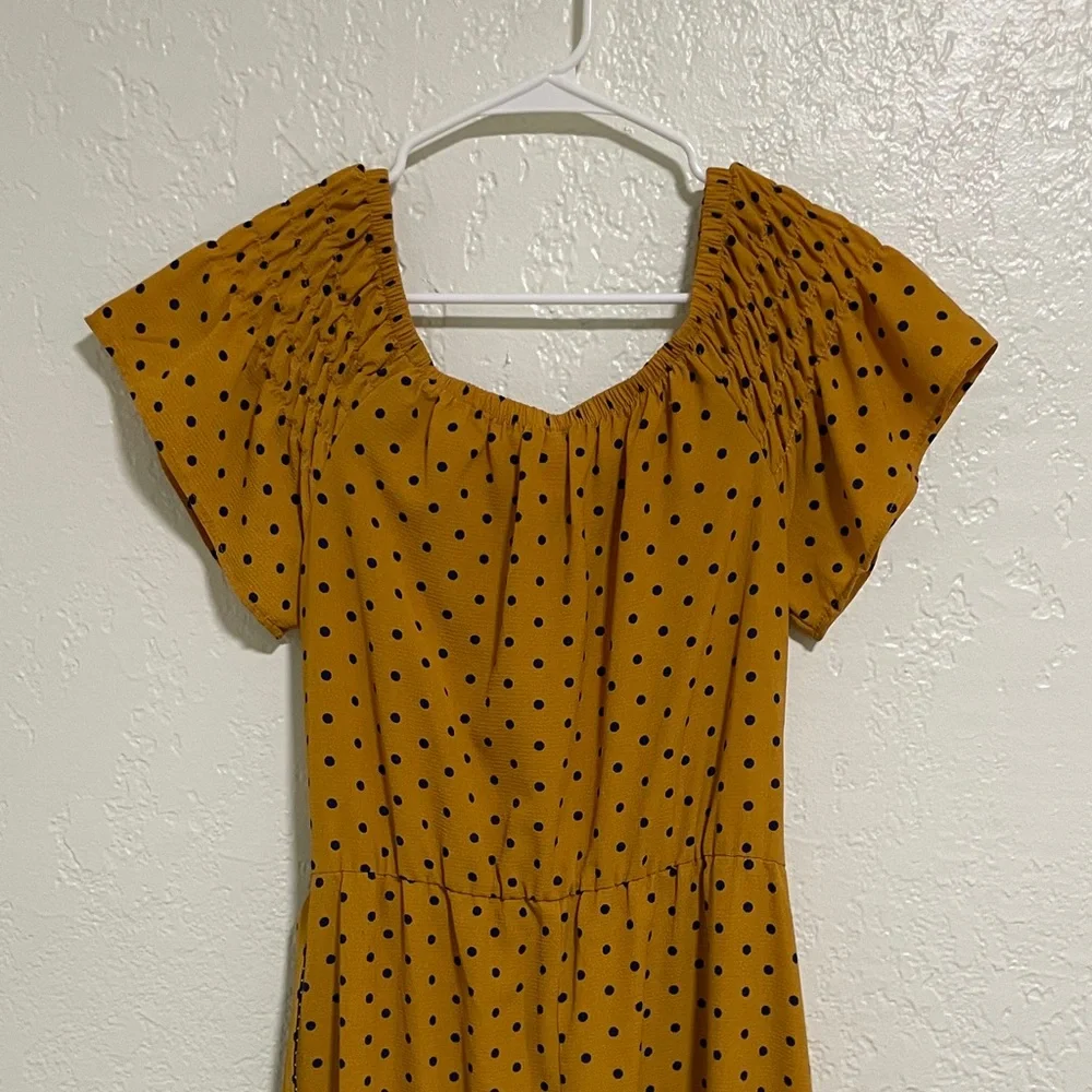 Wrapper Mustard Polka Dot Midi Dress with Navy Accent - Picture 6 of 11